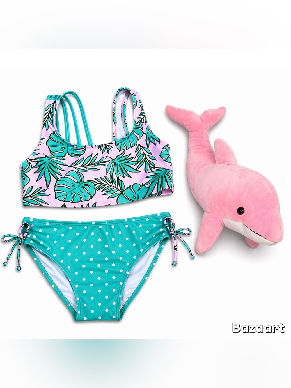 3pc Sz 4/5  Pink & Green polka dot leaf Bikini Bathing suit W/ Dolphin Plush